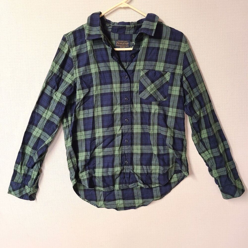 Pendleton Green Blue Plaid Cotton Button Front Long Sleeve Shirt Petite L